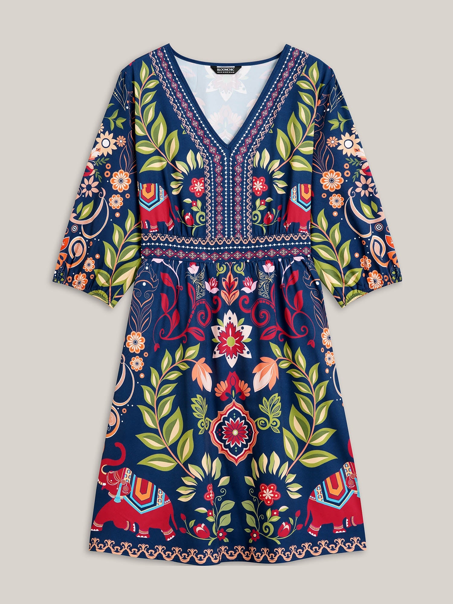 (30pcs Minimum Wholesale)Boho Print V-Neck Pockets Mini Dress