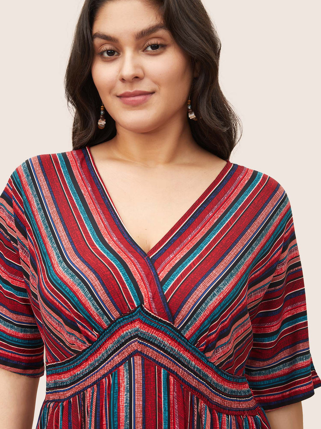 (25pcs Minimum Wholesale)Striped Contrast Dolman Sleeve Shirred Pocket Split Flutter Dress