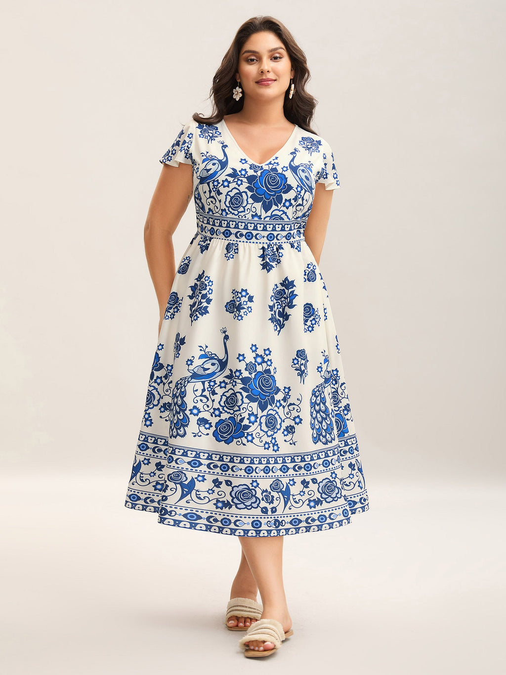 (28pcs Minimum Wholesale)Boho Print V-Neck Pockets Midi Dress