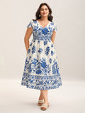 (28pcs Minimum Wholesale)Boho Print V-Neck Pockets Midi Dress