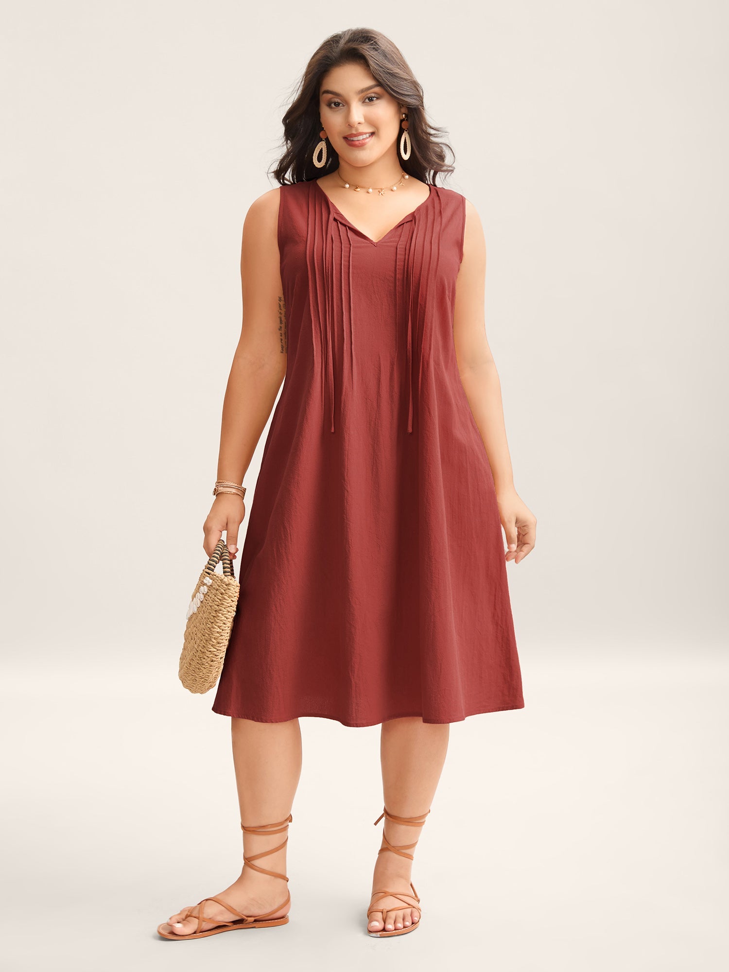 (18pcs Minimum Wholesale)Cotton Toothpick Pleat Plain Midi Dress