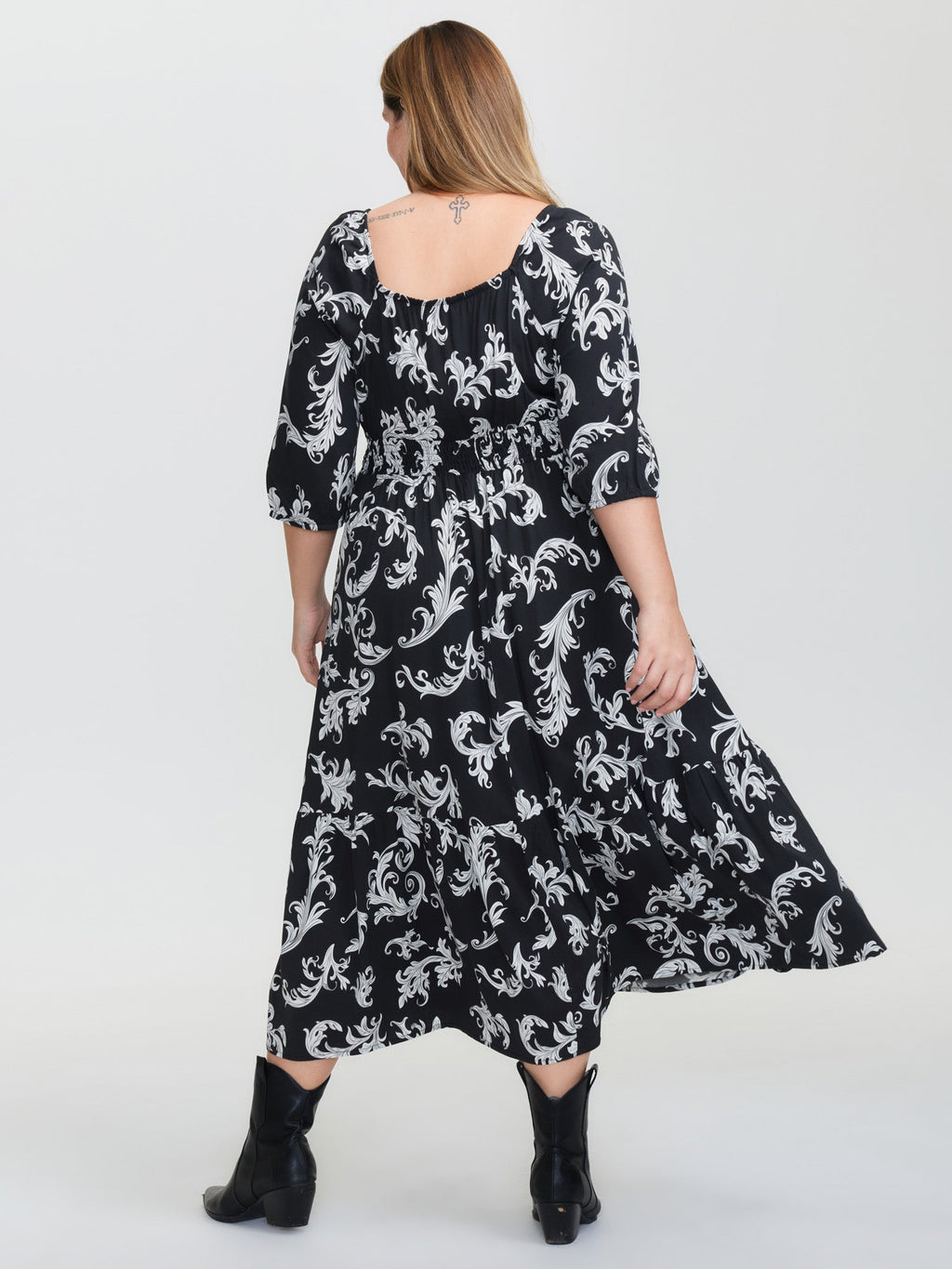(16pcs Minimum Wholesale)Scroll Pattern Adjustable Drawstring Pockets Midi Dress