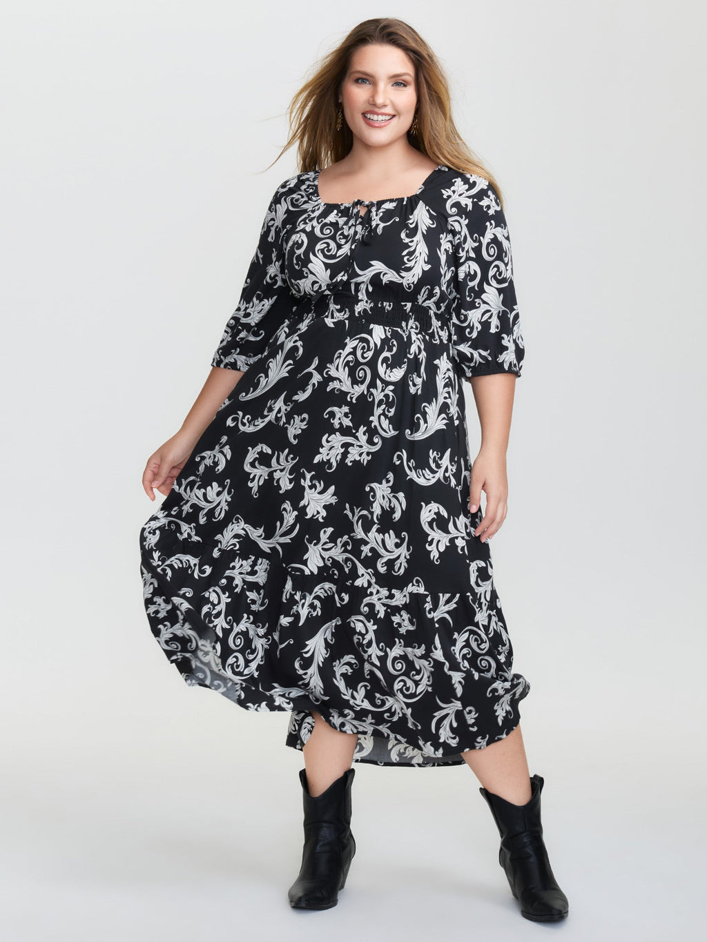 (16pcs Minimum Wholesale)Scroll Pattern Adjustable Drawstring Pockets Midi Dress
