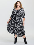 (16pcs Minimum Wholesale)Scroll Pattern Adjustable Drawstring Pockets Midi Dress
