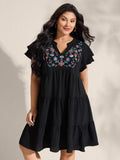 (16pcs Minimum Wholesale)Embroidered Neckline A-Line Ruffled Knee-Length Dress