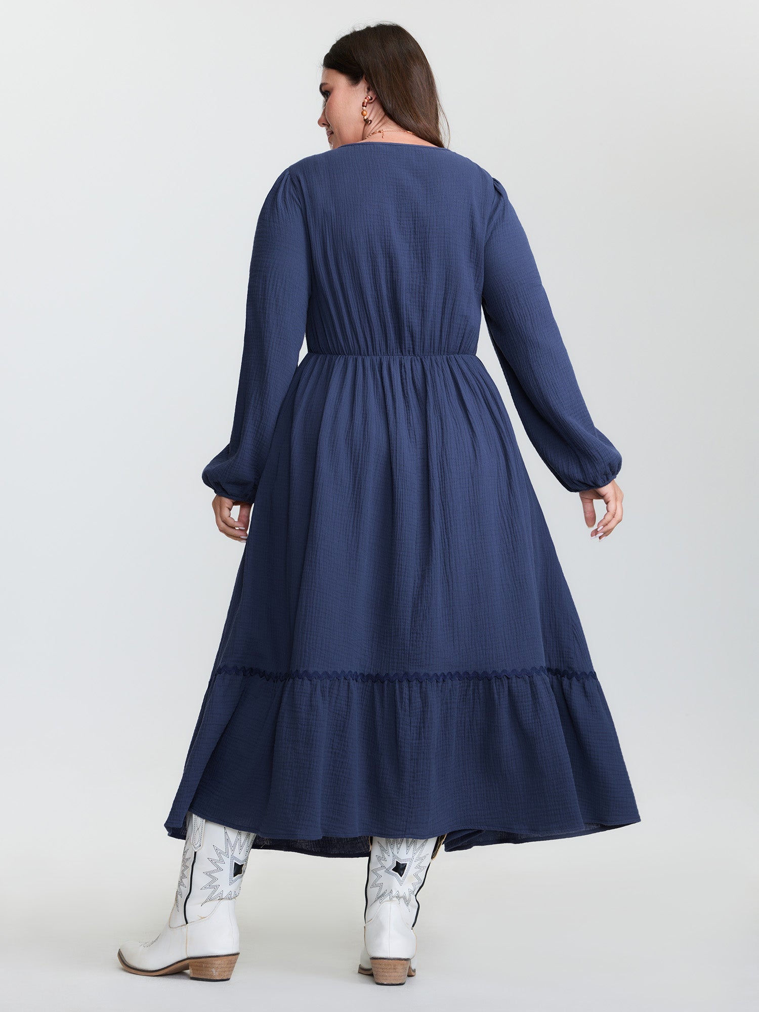 (20pcs Minimum Wholesale)Cotton Ruched Drawstring Neckline Tiered Midi Dress
