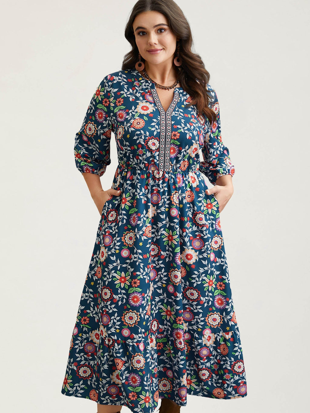 (20pcs Minimum Wholesale)Floral Print Stretchy-Waist Pockets Midi Dress