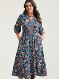 (20pcs Minimum Wholesale)Floral Print Stretchy-Waist Pockets Midi Dress