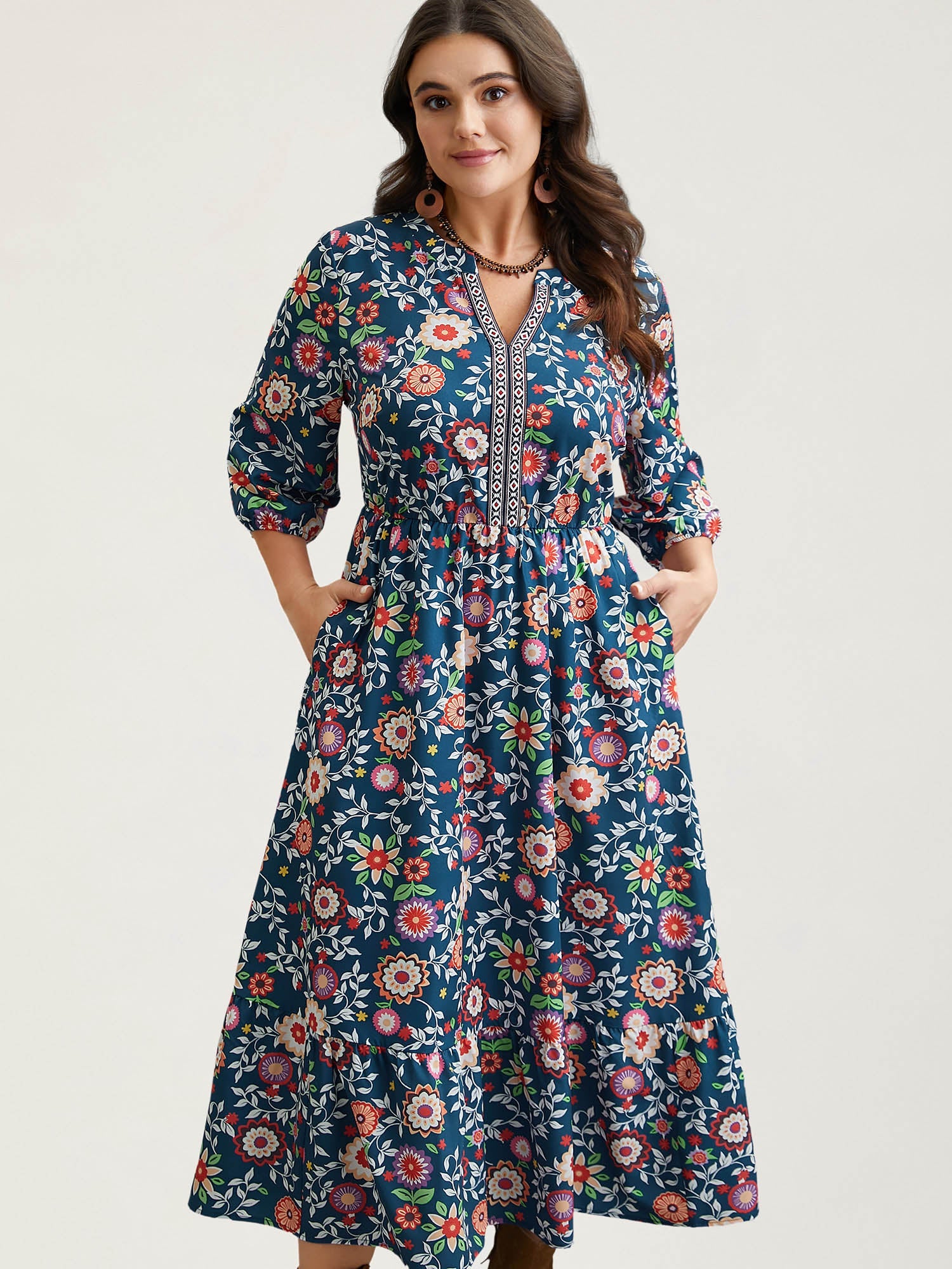 (20pcs Minimum Wholesale)Floral Print Stretchy-Waist Pockets Midi Dress
