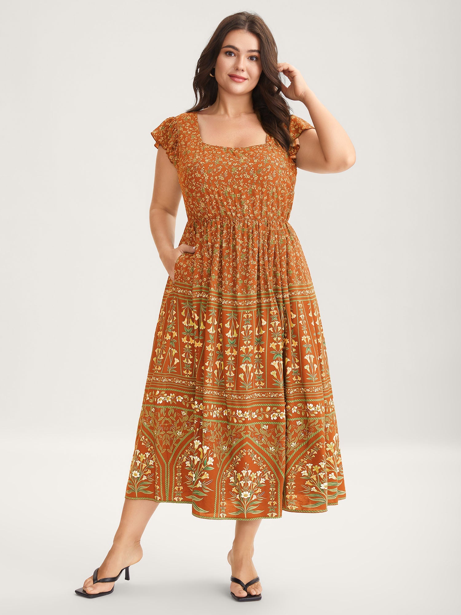 (16pcs Minimum Wholesale)Rayon Garden Fresh Ruffled Sleeve Midi Dress