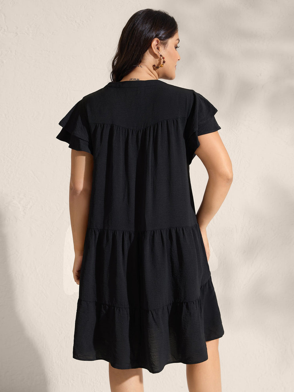 (16pcs Minimum Wholesale)Embroidered Neckline A-Line Ruffled Knee-Length Dress