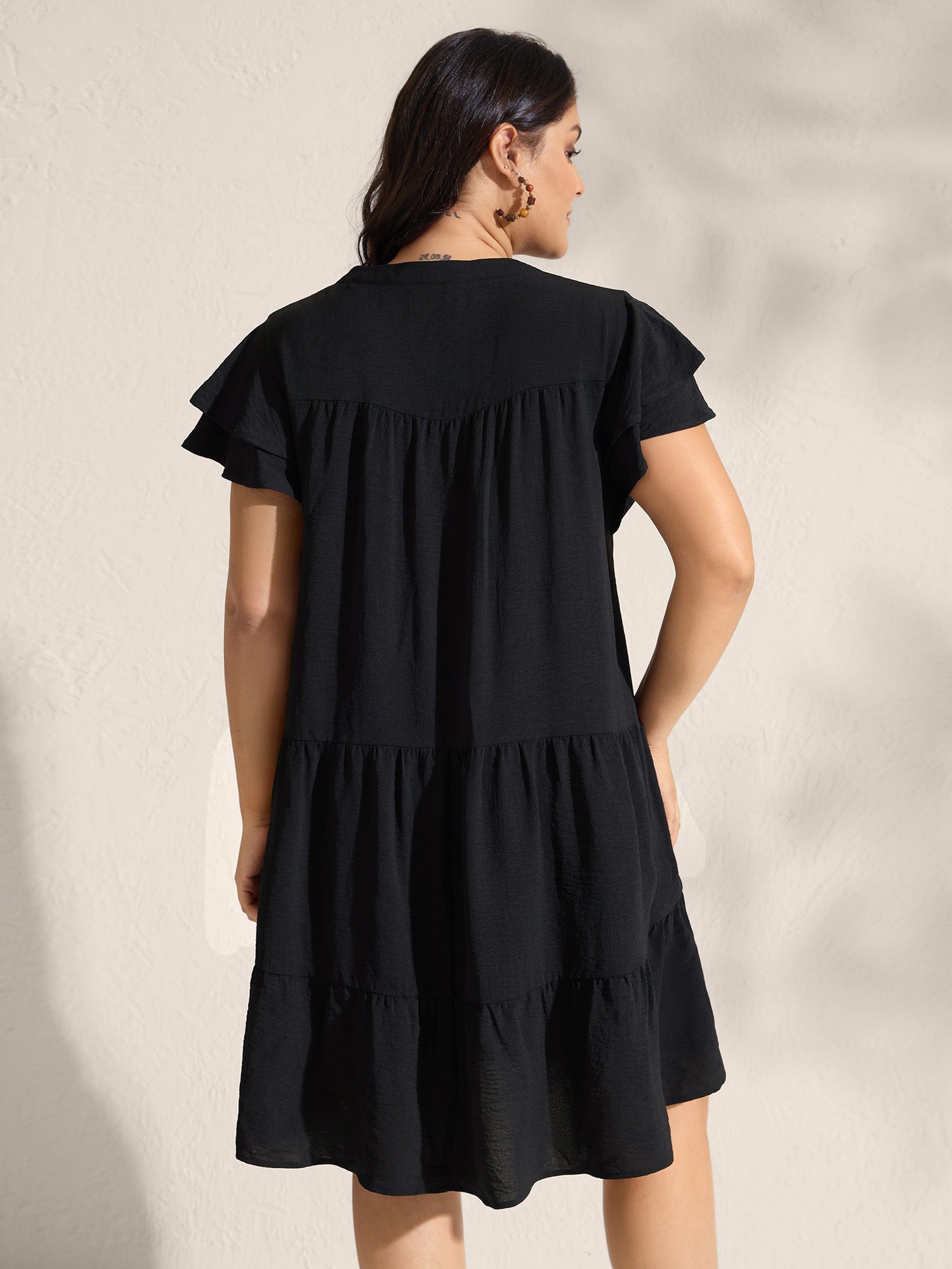 (16pcs Minimum Wholesale)Embroidered Neckline A-Line Ruffled Knee-Length Dress