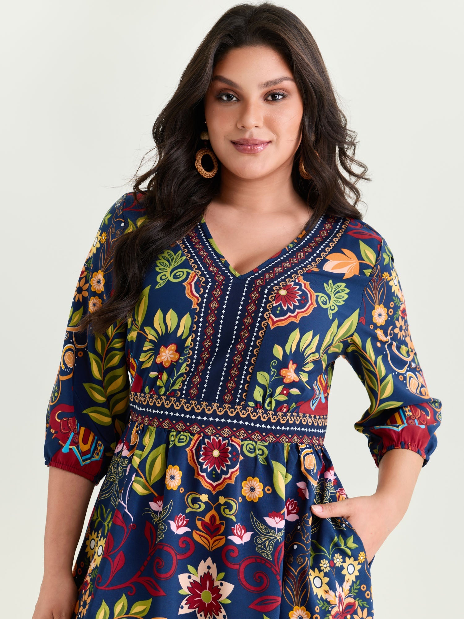 (30pcs Minimum Wholesale)Boho Print V-Neck Pockets Mini Dress
