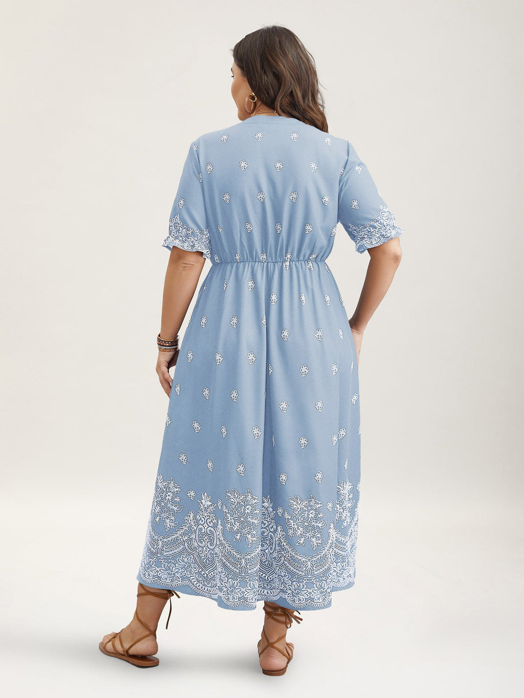 (16pcs Minimum Wholesale)Floral Waist-Tie Notched Collar Midi Dress