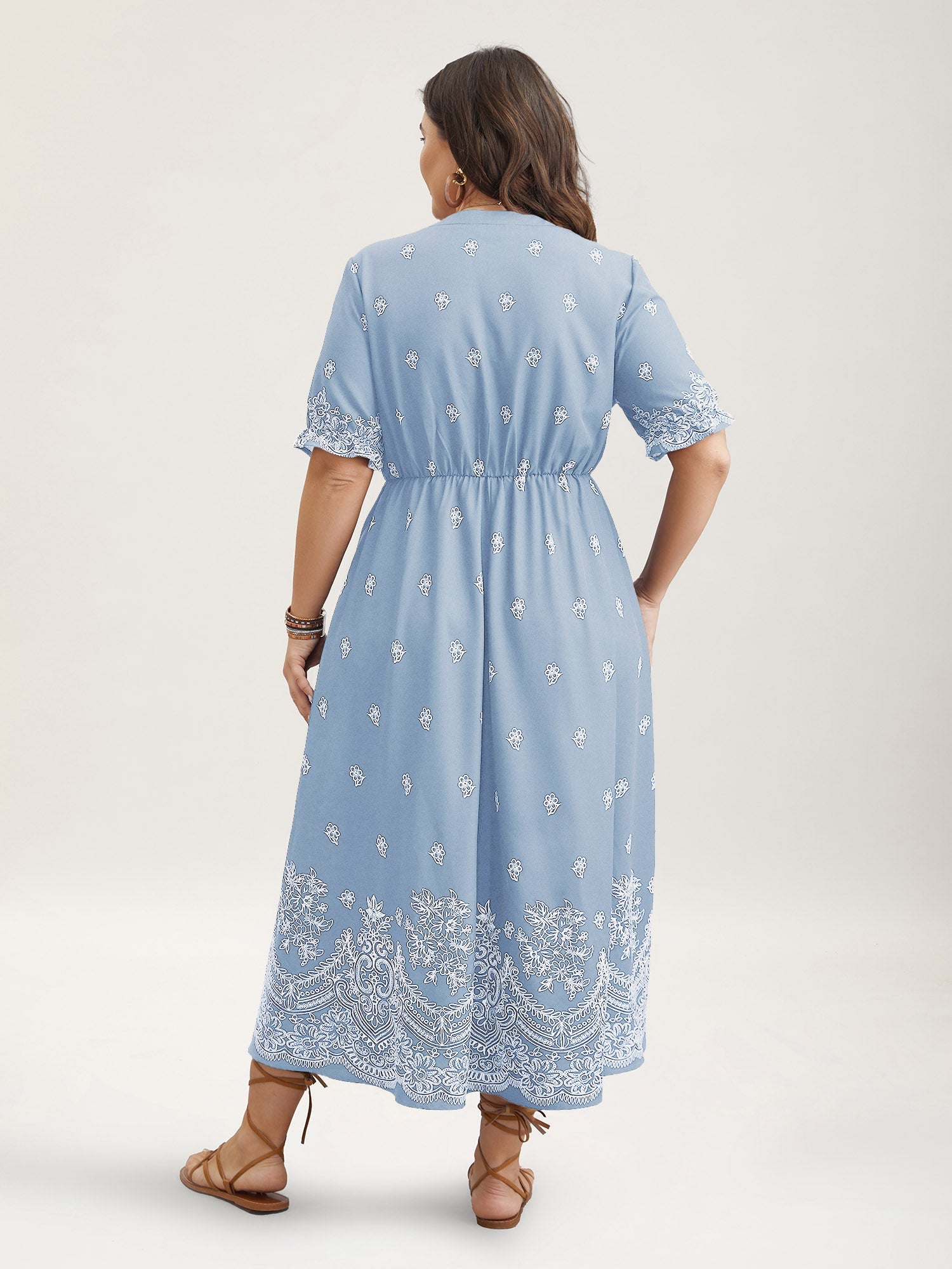 (16pcs Minimum Wholesale)Floral Waist-Tie Notched Collar Midi Dress