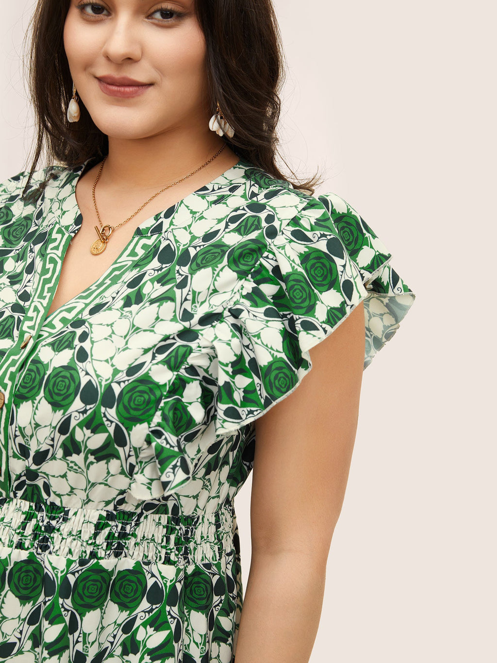 (16pcs Minimum Wholesale)Boho Print Ruffles Shirred Pocket Elastic Waist Dress