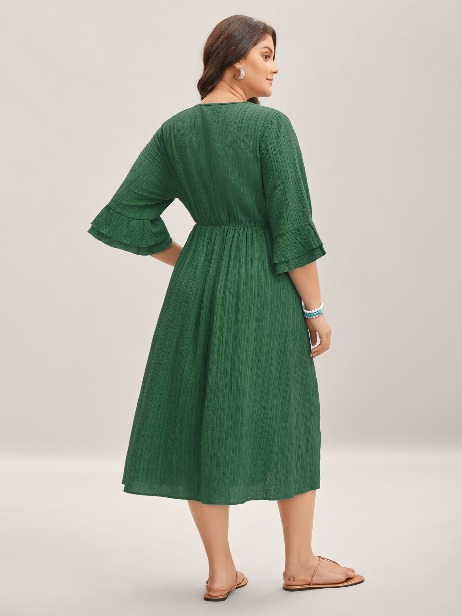 (15pcs Minimum Wholesale)Scalloped Lace Surplice Ruffled Midi Dress