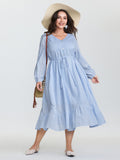 (20pcs Minimum Wholesale)Cotton Striped Waist-Drawstring Tiered Midi Dress