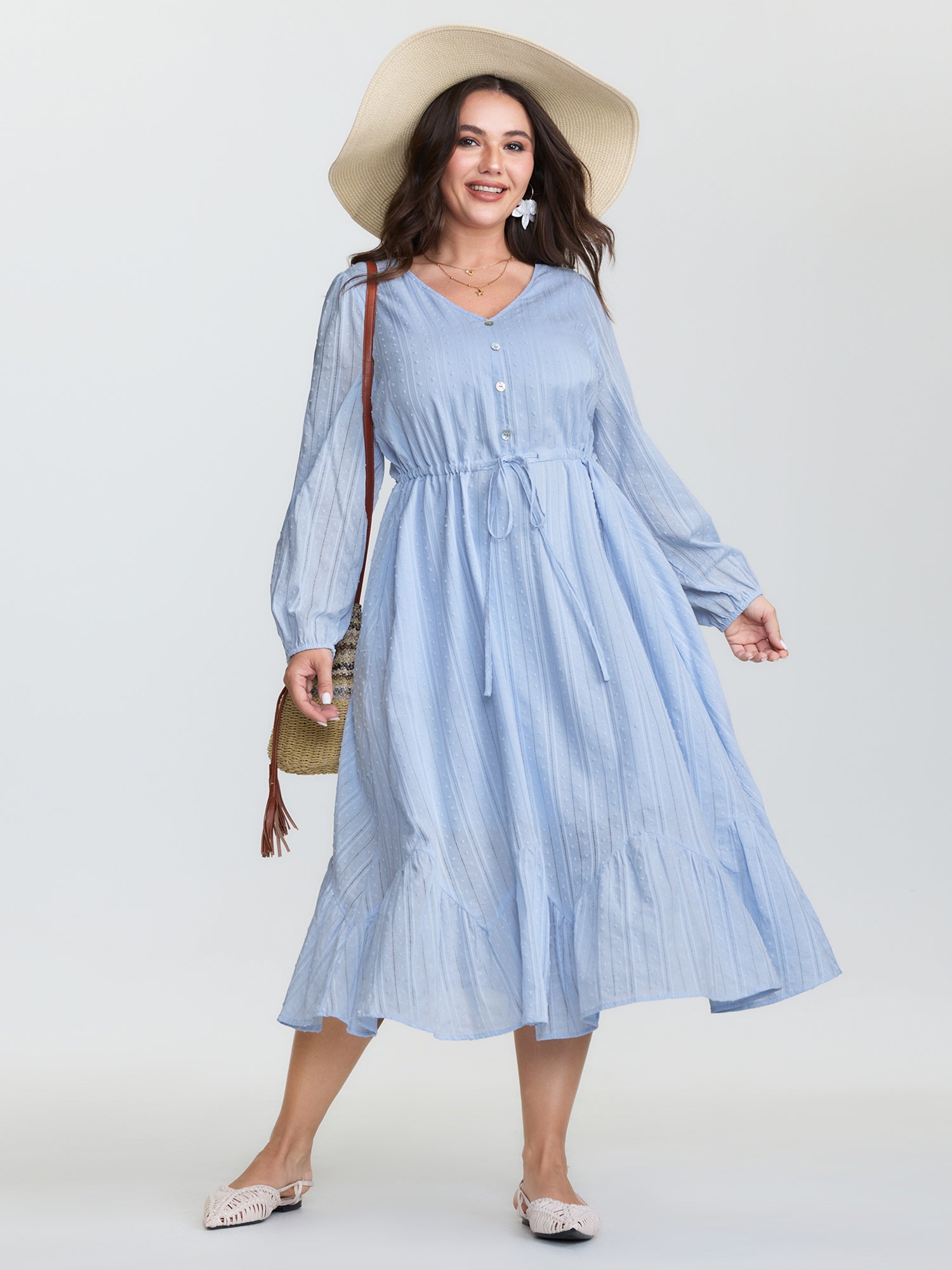 (20pcs Minimum Wholesale)Cotton Striped Waist-Drawstring Tiered Midi Dress