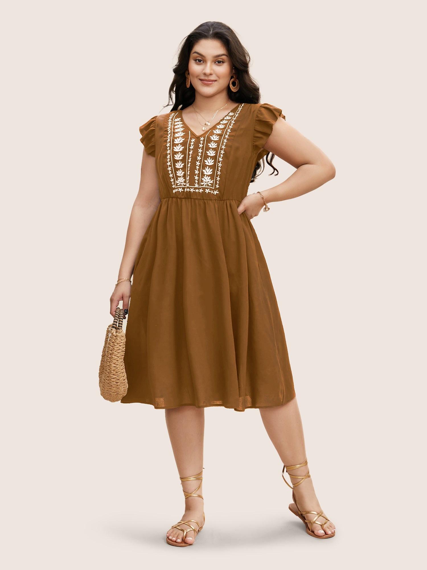 (20pcs Minimum Wholesale)Floral Embroidered V Neck Ruffle Cap Sleeve Dress