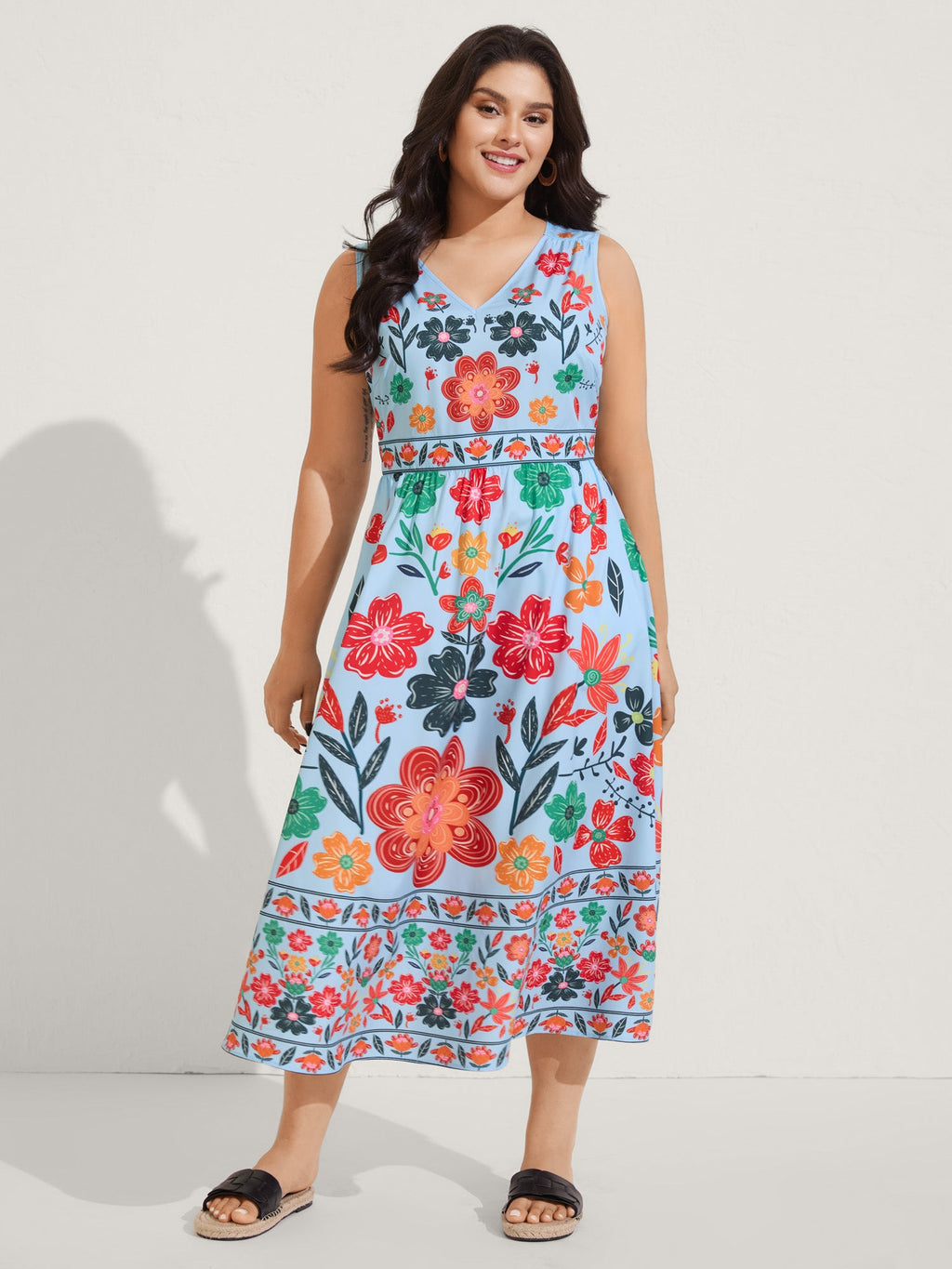 (18pcs Minimum Wholesale)Floral Drama Cinched-Waist Maxi Dress