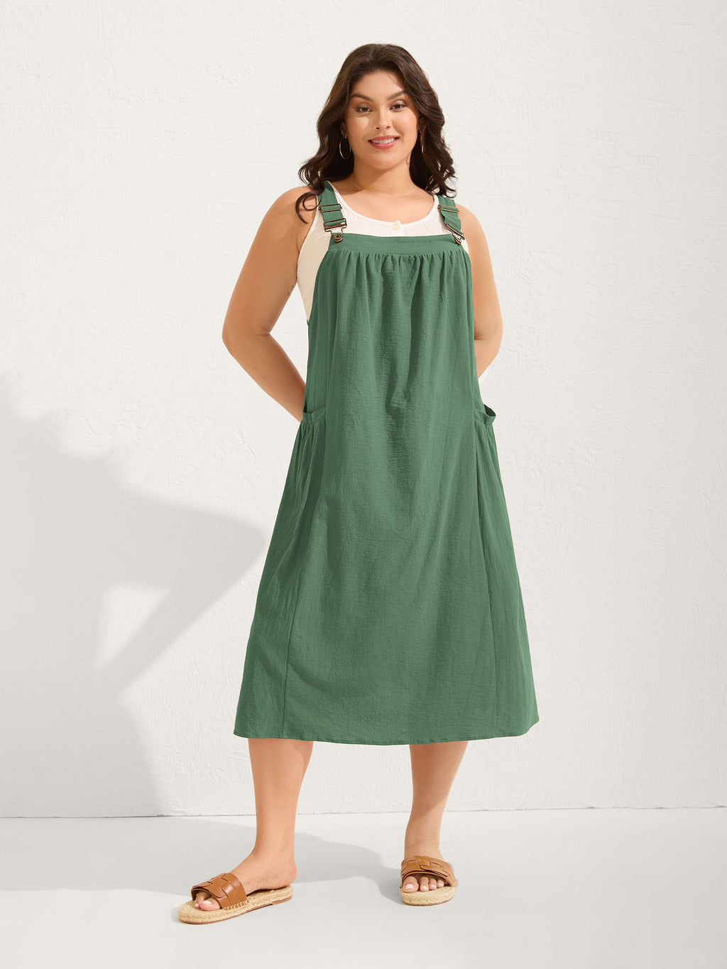 (20pcs Minimum Wholesale)Pure Cotton Pleated Pockets Midi Dress