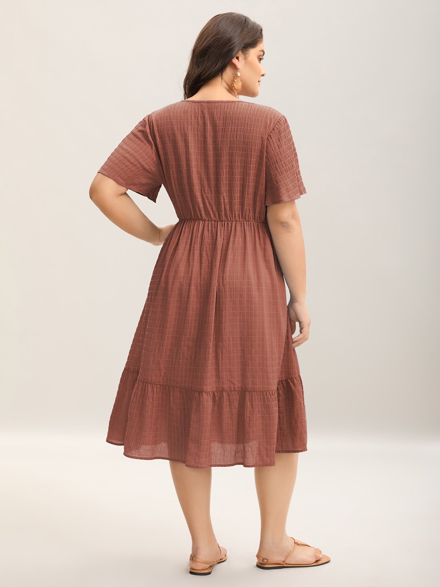 (20pcs Minimum Wholesale)Lace Textured Pockets Tiered Midi Dress
