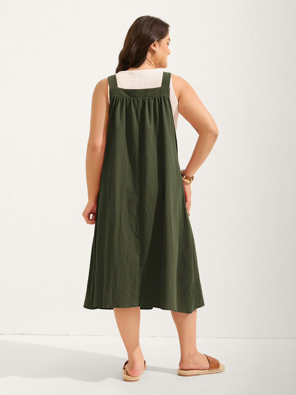 (20pcs Minimum Wholesale)Pure Cotton Pleated Pockets Midi Dress