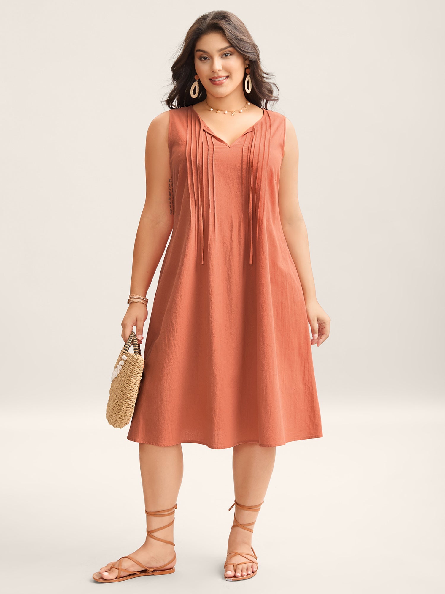 (18pcs Minimum Wholesale)Cotton Toothpick Pleat Plain Midi Dress