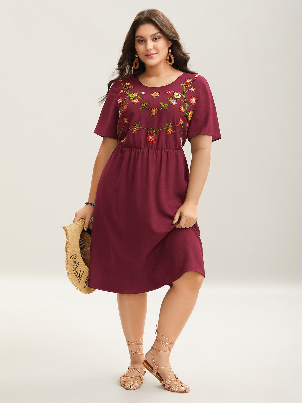 (26pcs Minimum Wholesale)Floral Embroidered Waist-Cinched Midi Dress