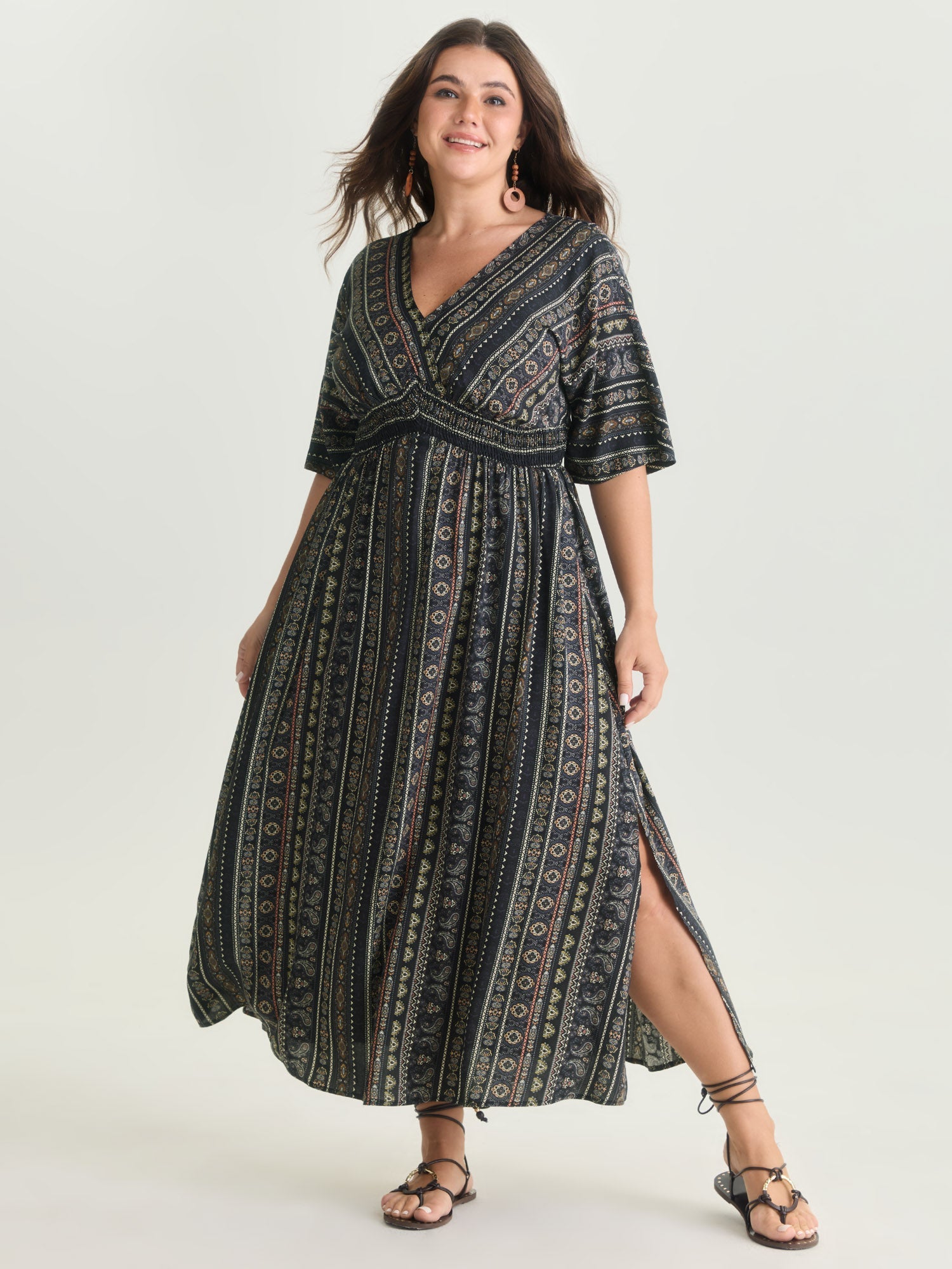 (25pcs Minimum Wholesale)Striped Contrast Dolman Sleeve Shirred Pocket Split Flutter Dress