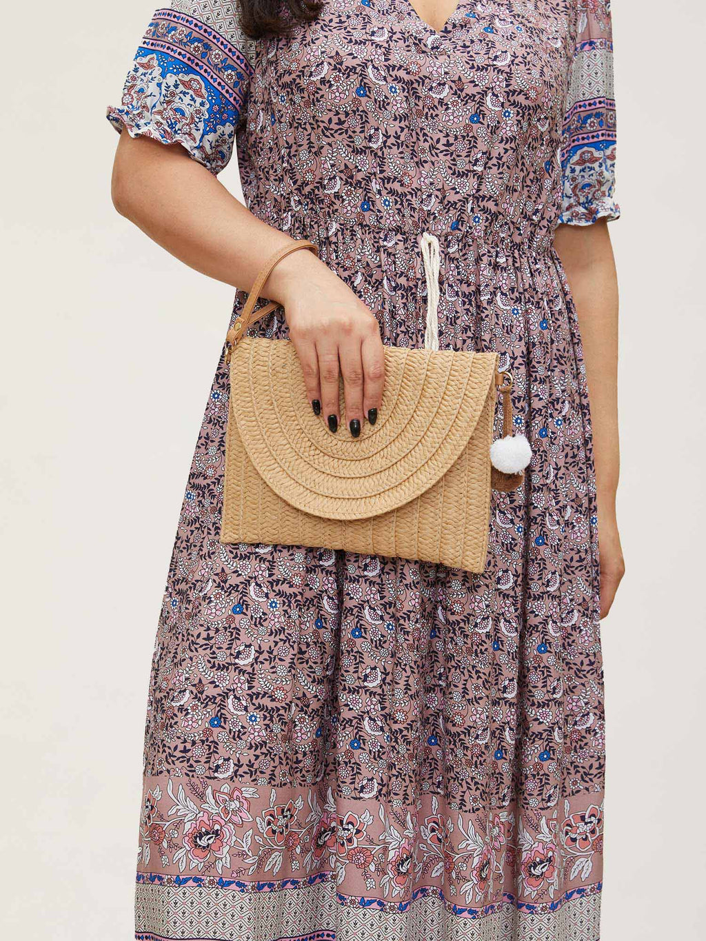 (20pcs Minimum Wholesale)Boho Print Notched Ties Tassel Trim Dress