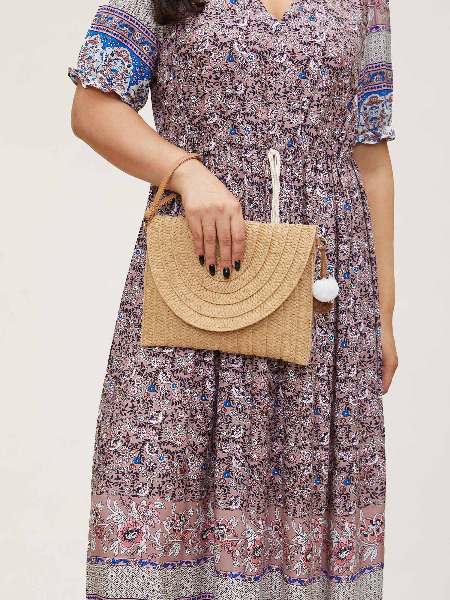 (20pcs Minimum Wholesale)Boho Print Notched Ties Tassel Trim Dress