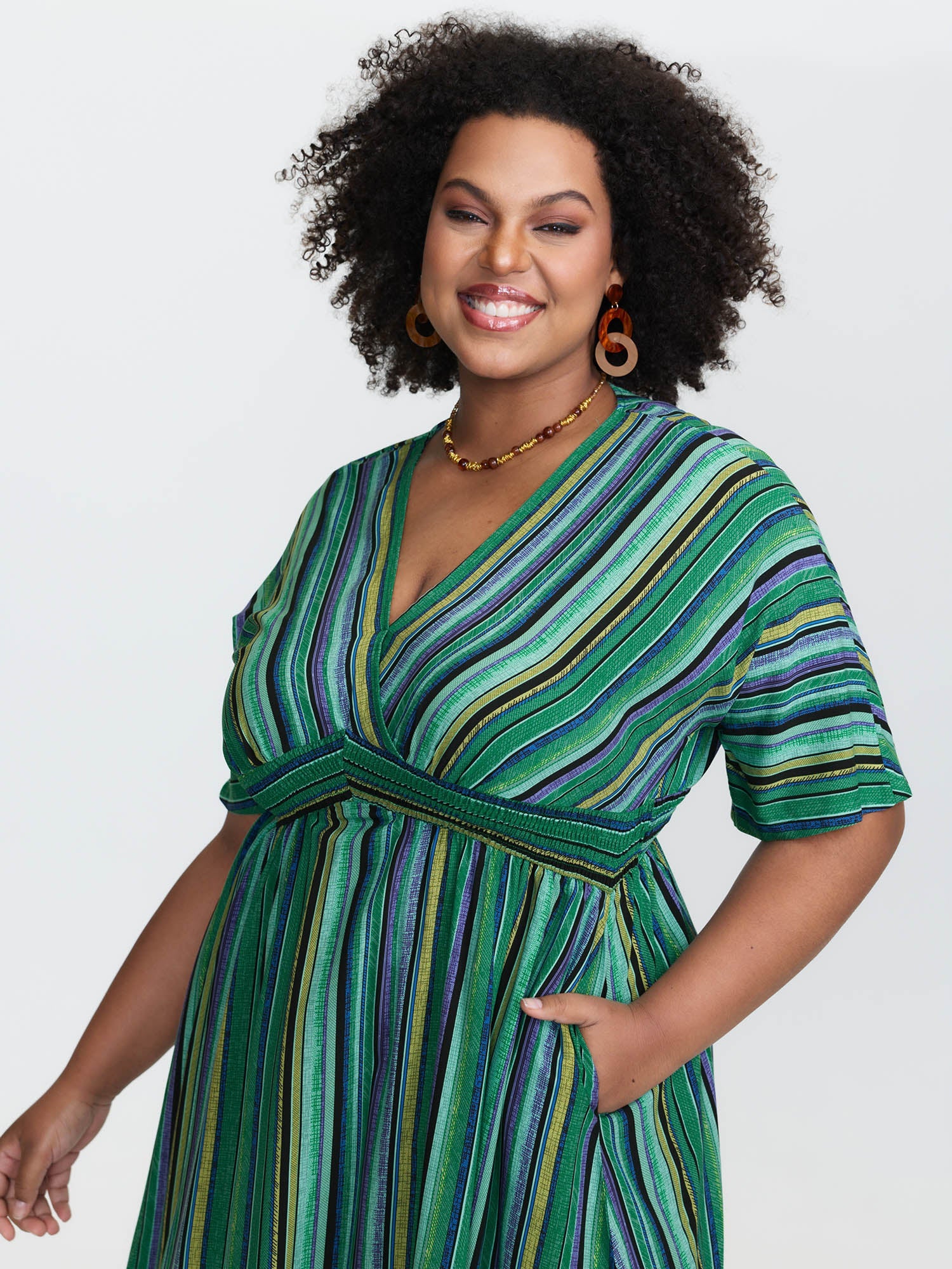 (25pcs Minimum Wholesale)Striped Contrast Dolman Sleeve Shirred Pocket Split Flutter Dress