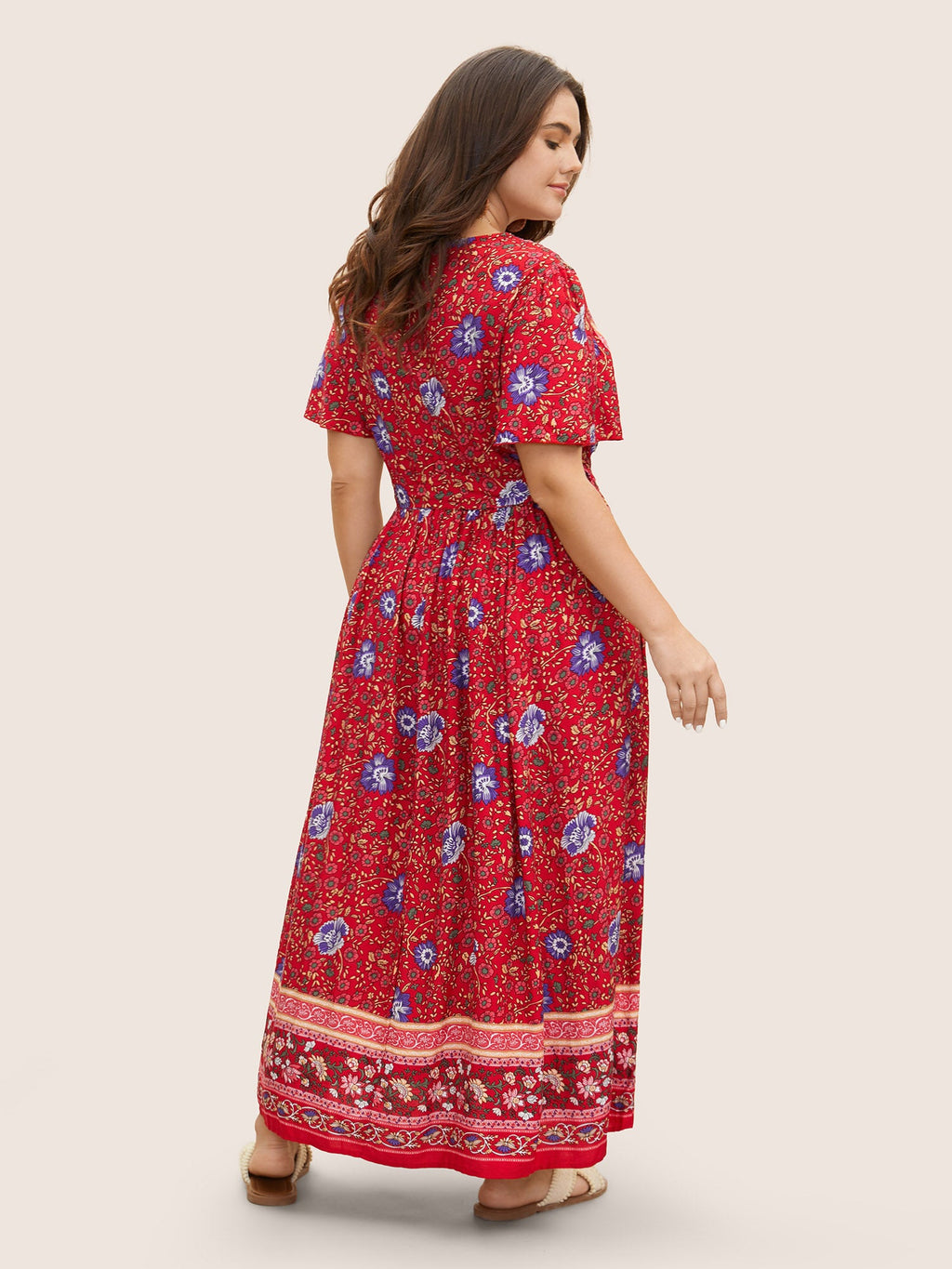 (18pcs Minimum Wholesale)Bandana Surplice Neck Pocket Belted Flutter Hem Maxi Dress