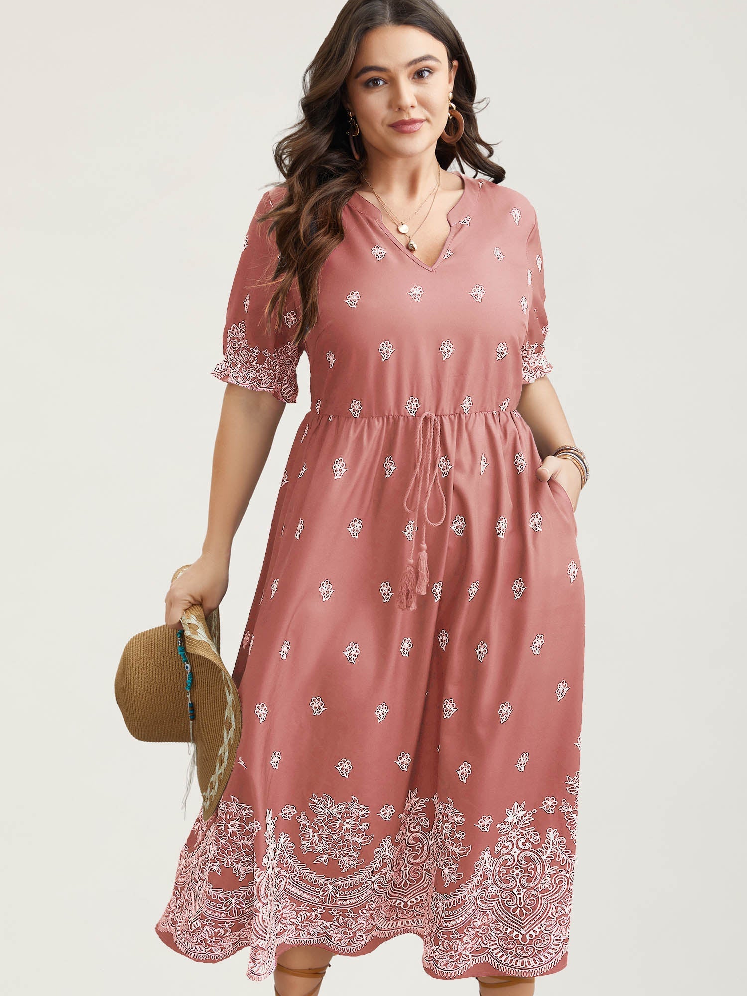 (16pcs Minimum Wholesale)Floral Waist-Tie Notched Collar Midi Dress