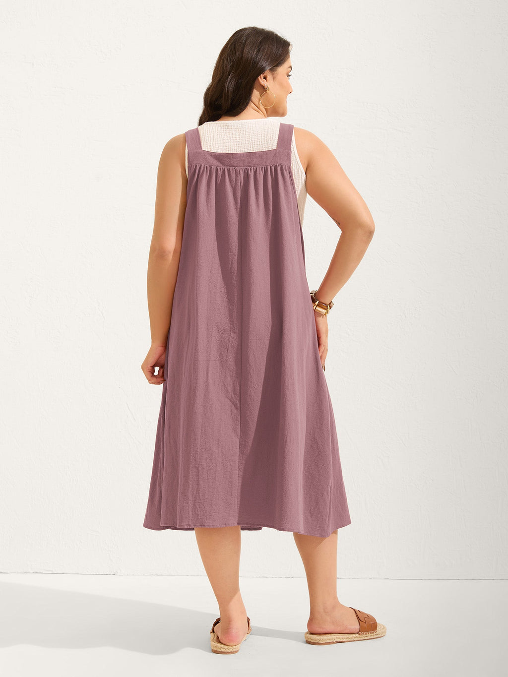 (20pcs Minimum Wholesale)Pure Cotton Pleated Pockets Midi Dress