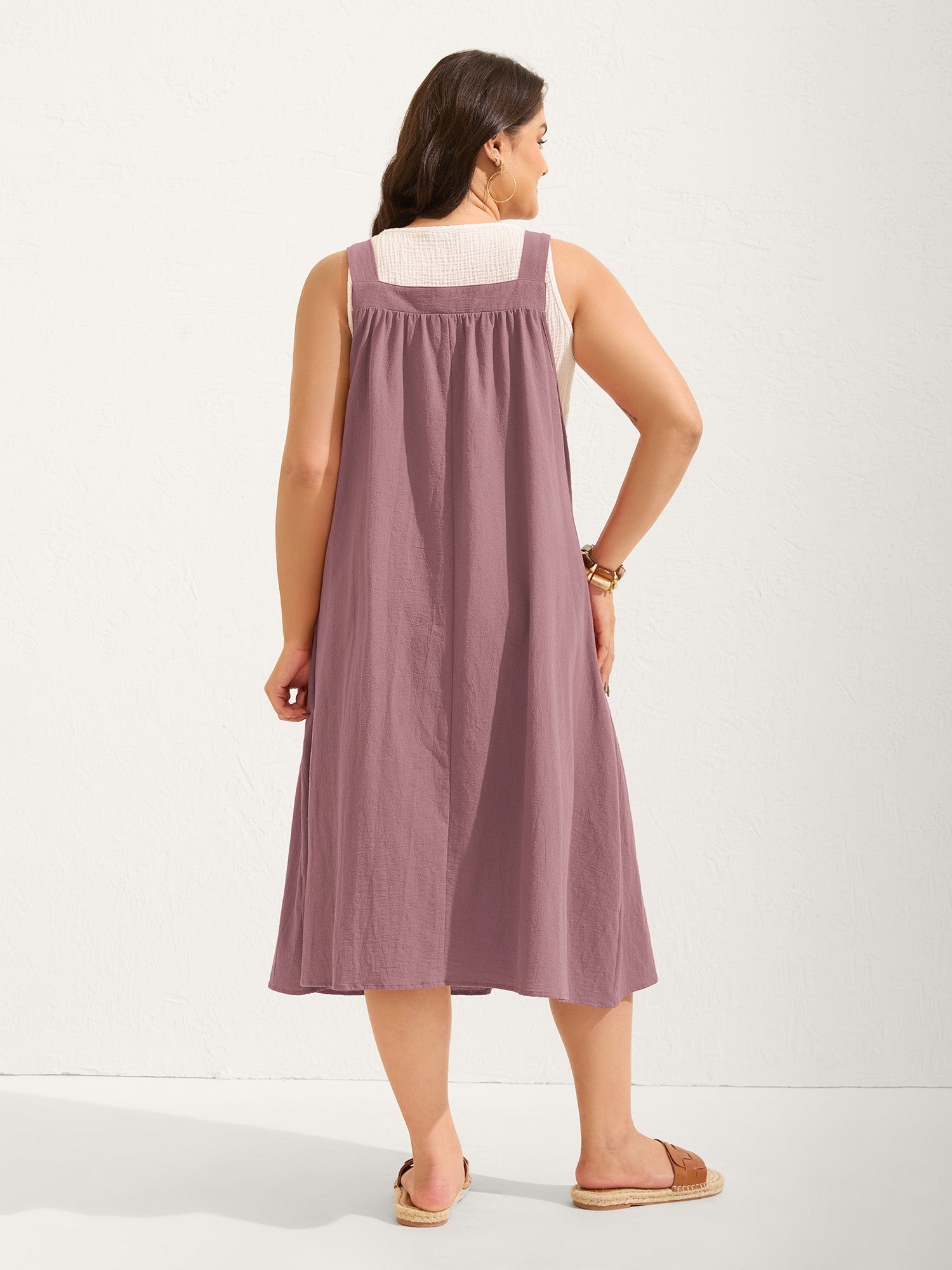 (20pcs Minimum Wholesale)Pure Cotton Pleated Pockets Midi Dress