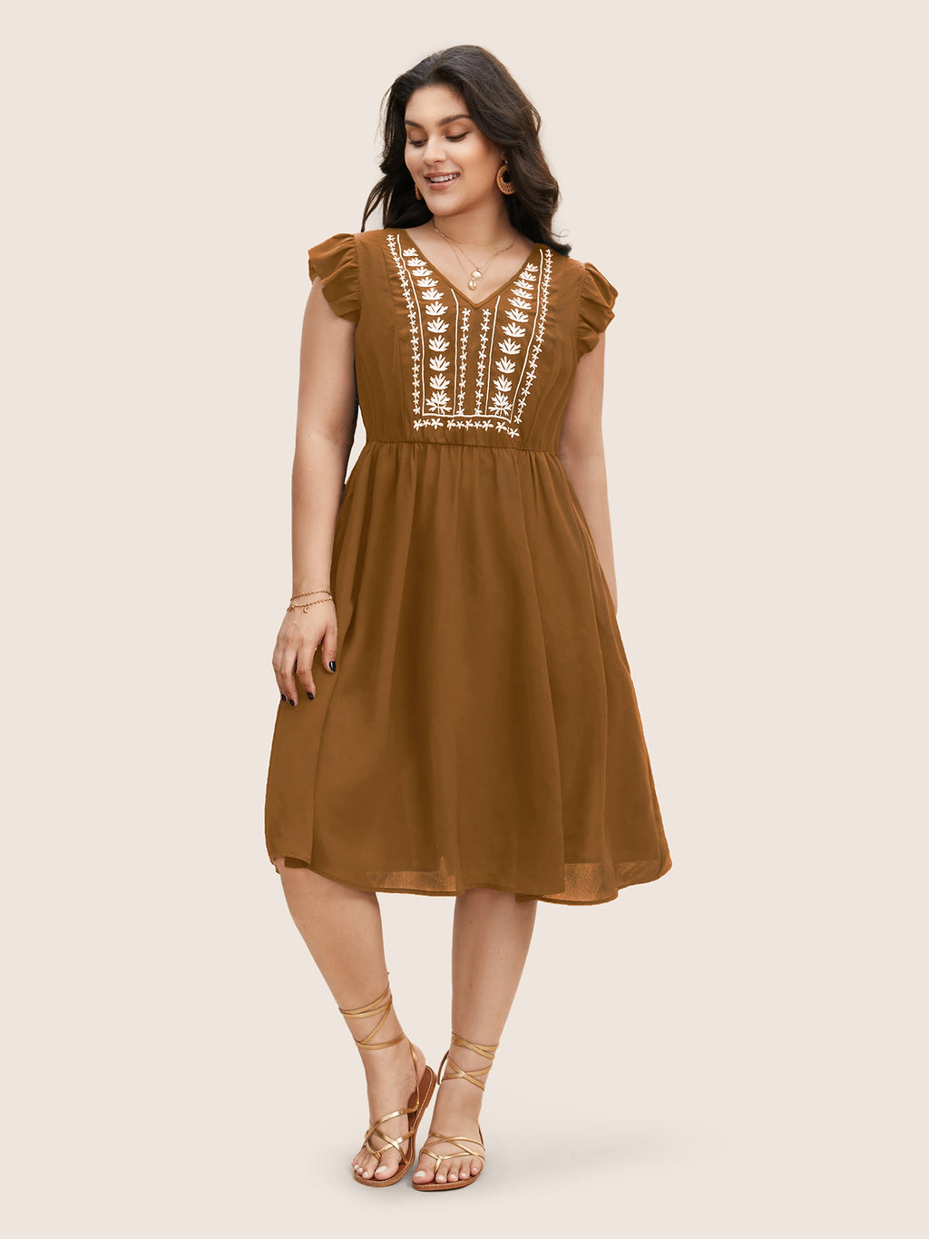 (20pcs Minimum Wholesale)Floral Embroidered V Neck Ruffle Cap Sleeve Dress