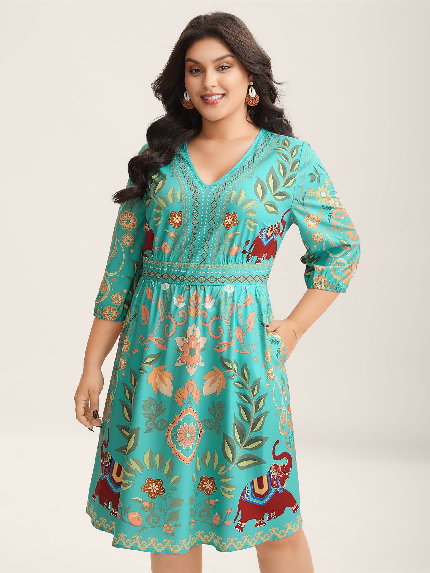 (30pcs Minimum Wholesale)Boho Print V-Neck Pockets Mini Dress