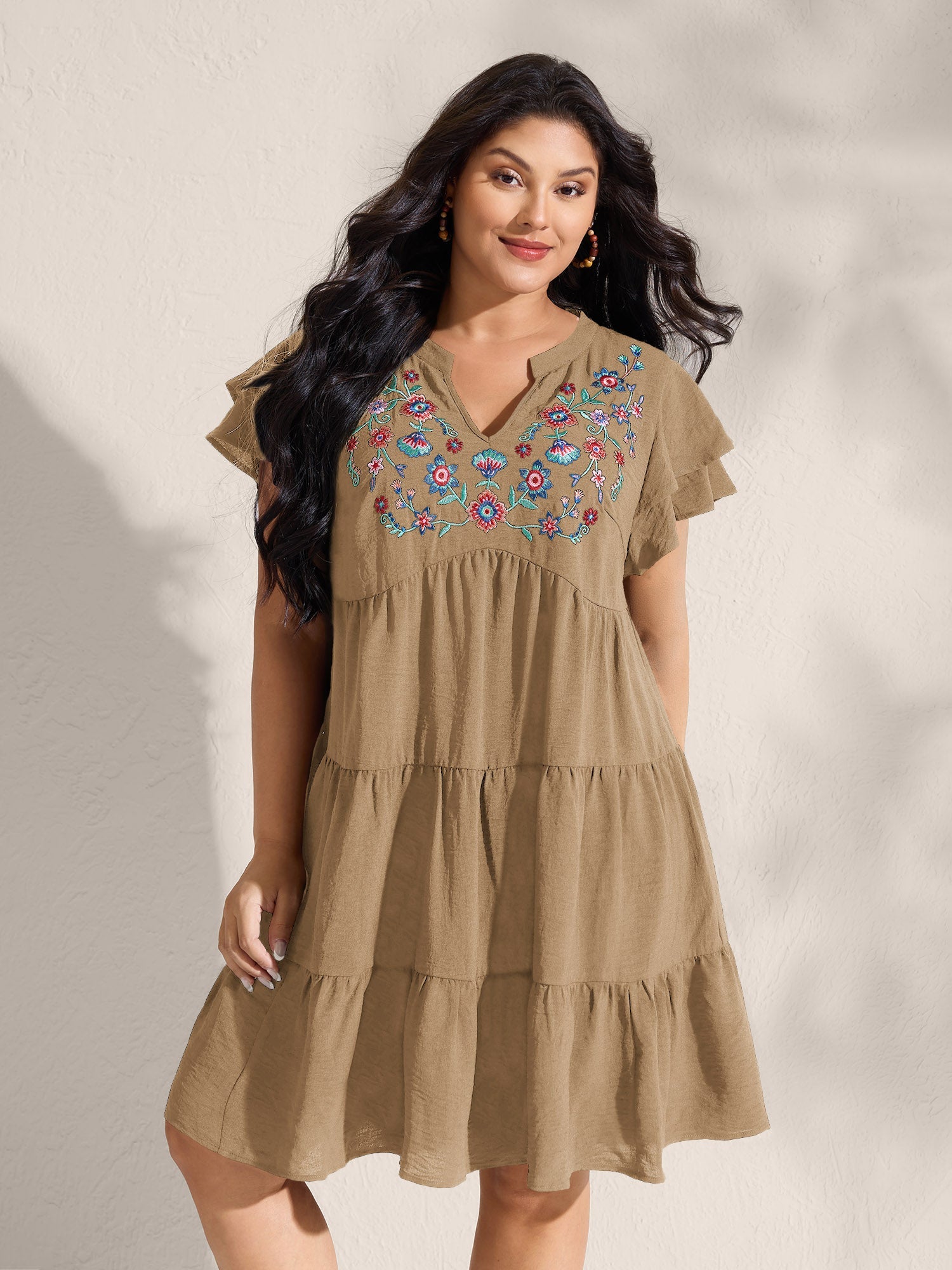 (16pcs Minimum Wholesale)Embroidered Neckline A-Line Ruffled Knee-Length Dress