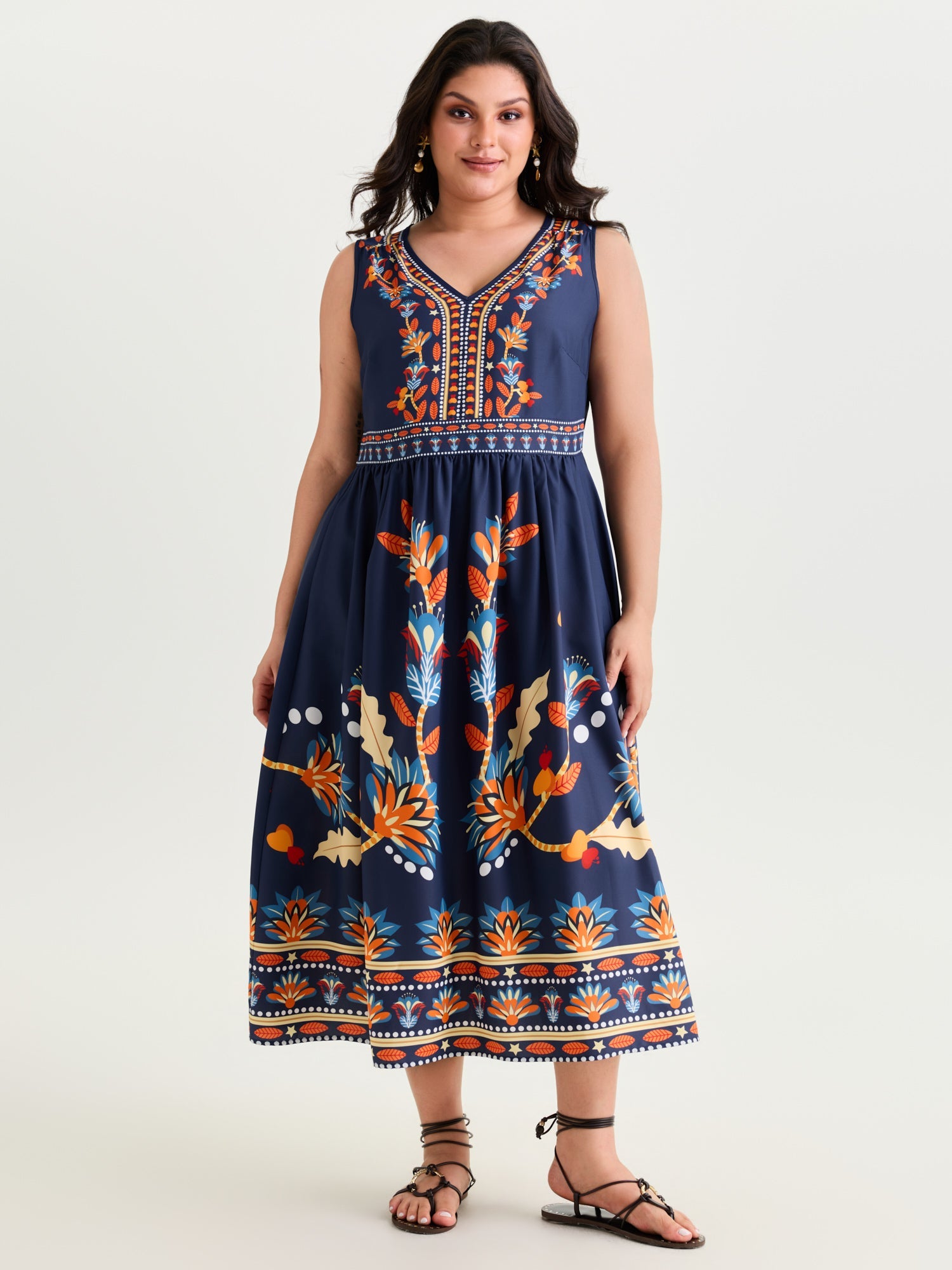 (18pcs Minimum Wholesale)Floral Drama Cinched-Waist Maxi Dress