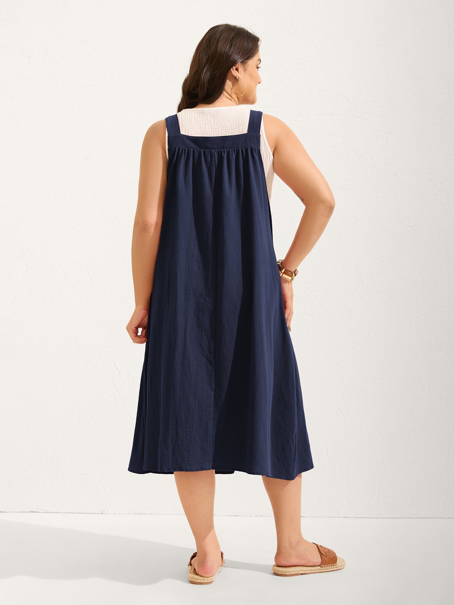 (20pcs Minimum Wholesale)Pure Cotton Pleated Pockets Midi Dress