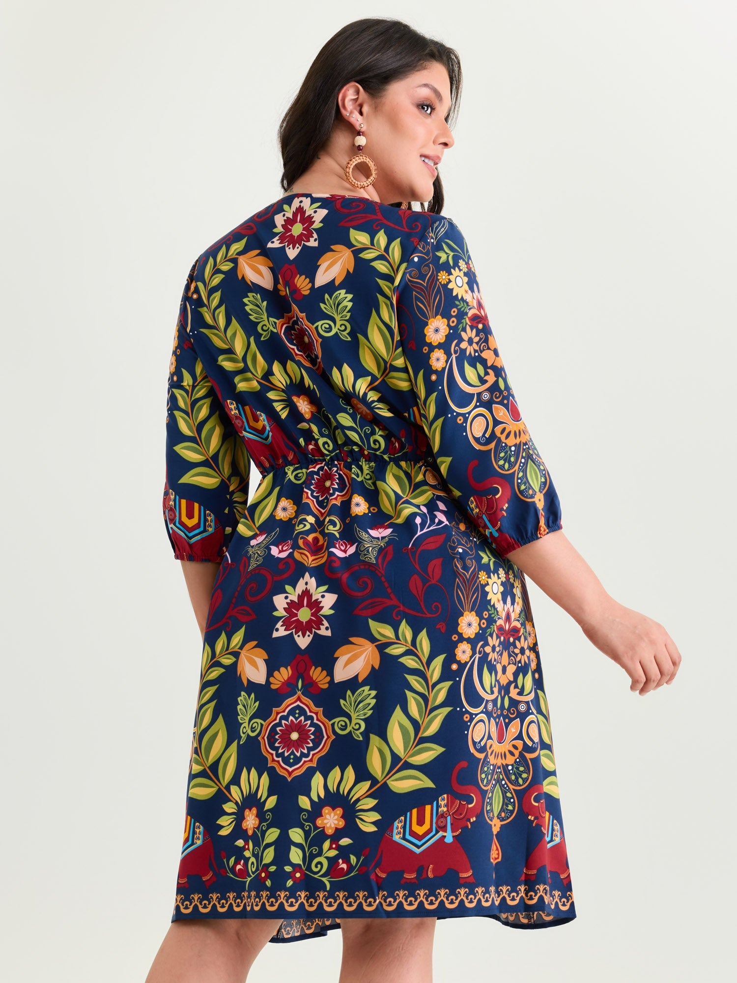 (30pcs Minimum Wholesale)Boho Print V-Neck Pockets Mini Dress