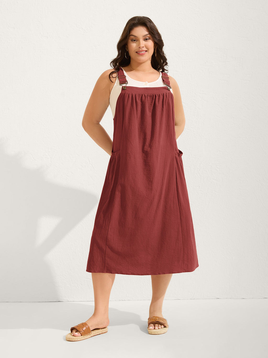 (20pcs Minimum Wholesale)Pure Cotton Pleated Pockets Midi Dress
