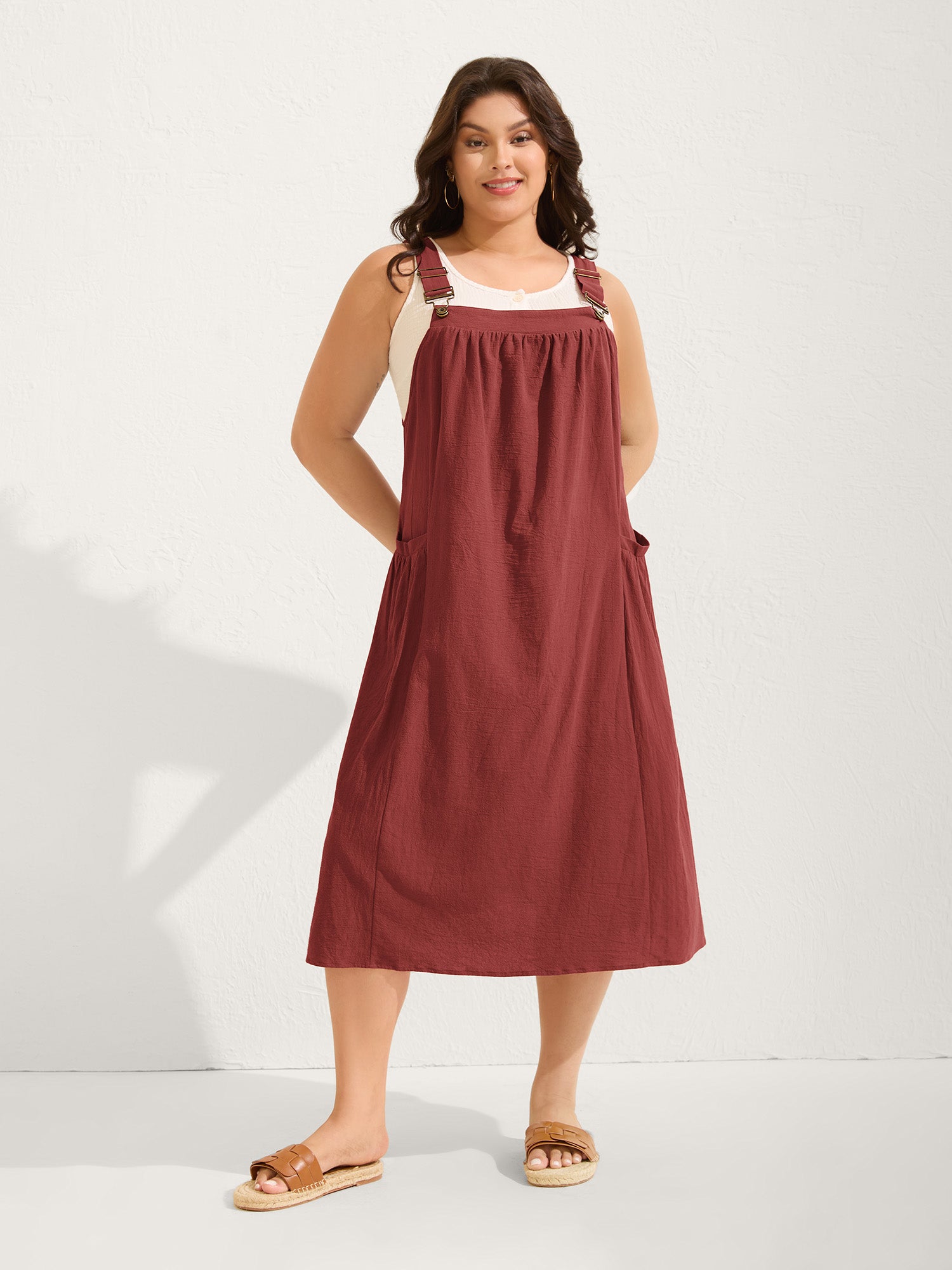 (20pcs Minimum Wholesale)Pure Cotton Pleated Pockets Midi Dress