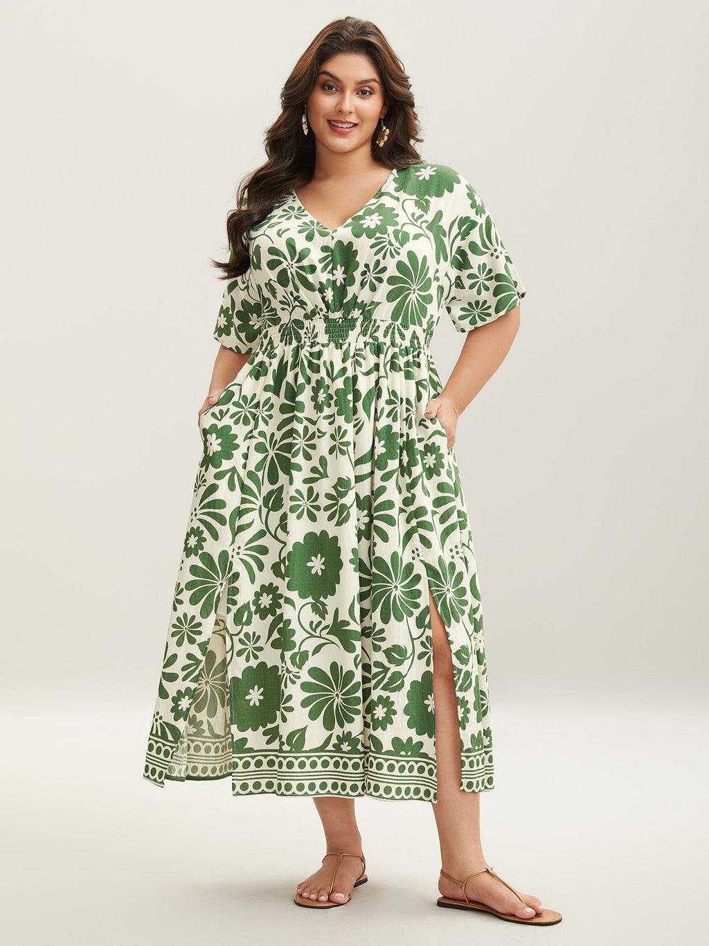 (16pcs Minimum Wholesale)Large Floral Print Pockets Midi Dress