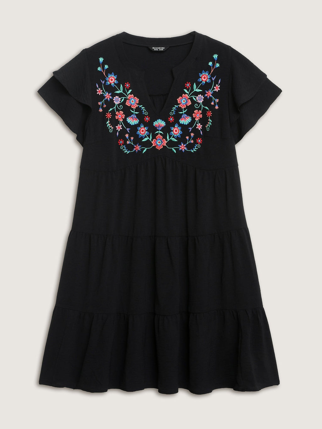 (16pcs Minimum Wholesale)Embroidered Neckline A-Line Ruffled Knee-Length Dress