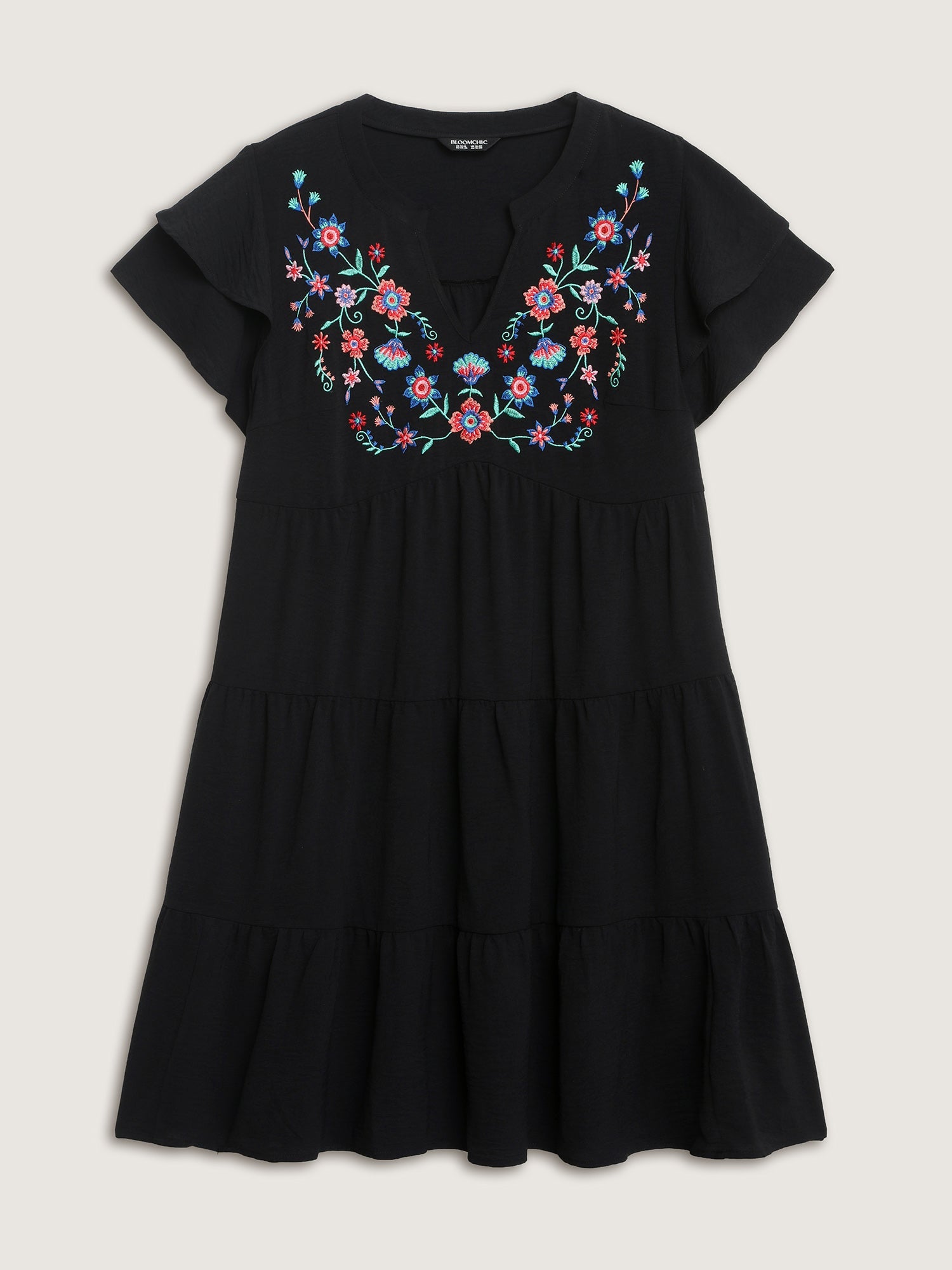 (16pcs Minimum Wholesale)Embroidered Neckline A-Line Ruffled Knee-Length Dress