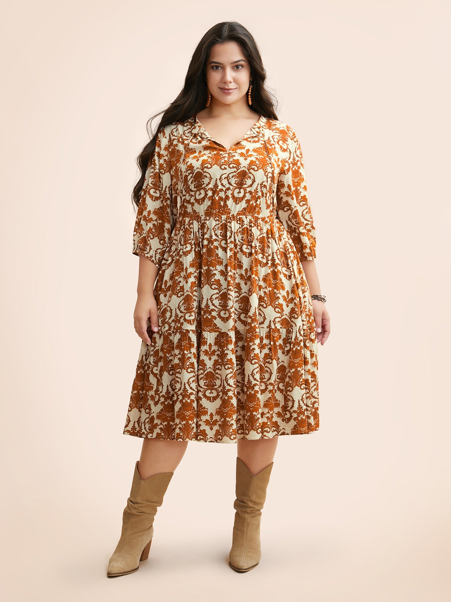 (22pcs Minimum Wholesale)Damask Print Tie Knot Puff Sleeve Dress